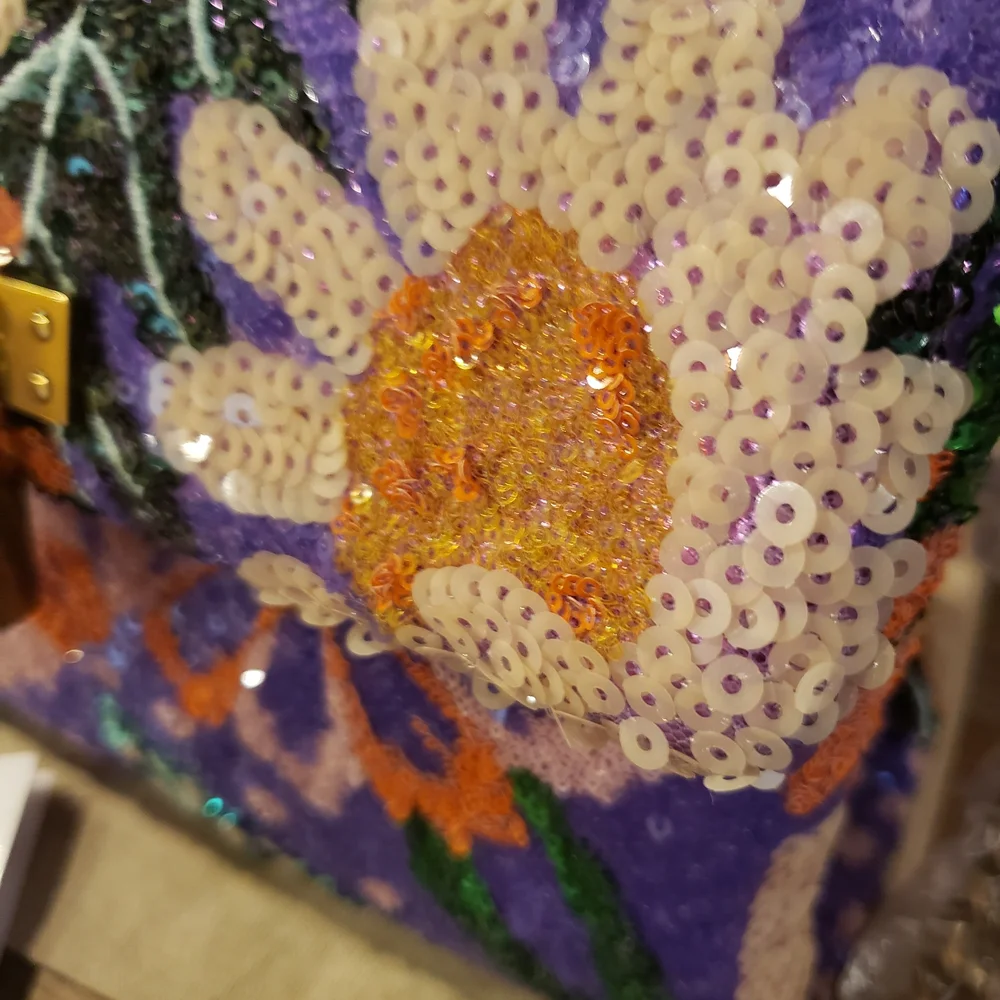 NWT! Kurt Geiger Purple Sequin Floral Crossbody Bag w/ Lock & Dusty